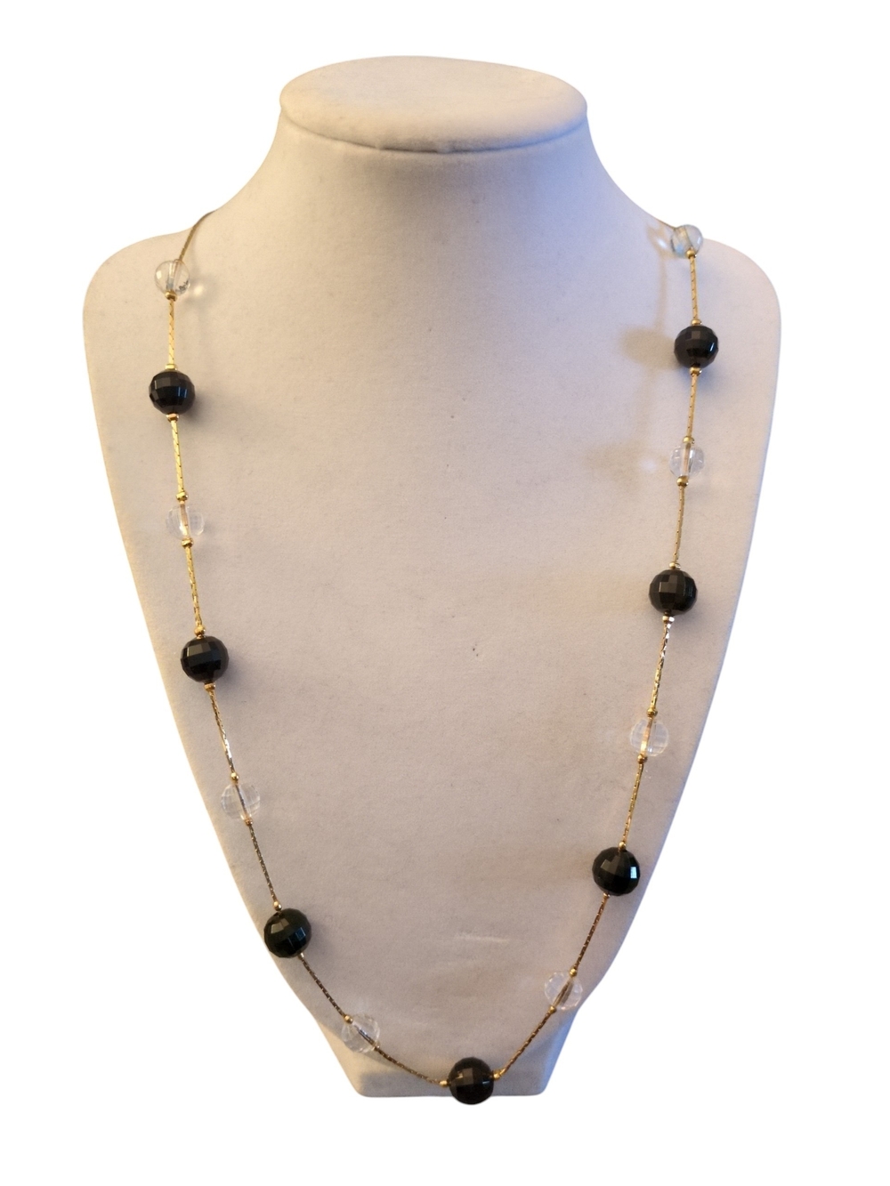 Trifari Gold Chain Station Necklace with Black and Clear Beads